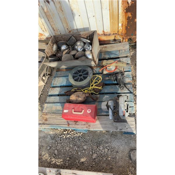 Pallet Lot of; Vintage Headlights, Wire Spool, Wood and Iron Pulley, B and D Circular Saw, and