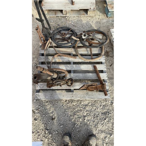 Pallet Lot of; Canadian Blower and Forge Co. Post Drill, 4 Vintage Steering Wheels