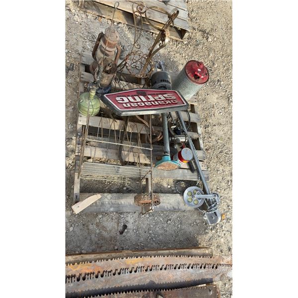 Pallet Lot of; Okanagan Spring Sign, Lanterns, Sump Pump