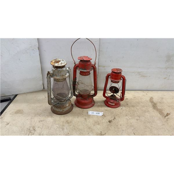 3 Vintage Beacon Cold Blast Kerosene Lanterns, 1 Lantern Glass Cracked and 1 Missing