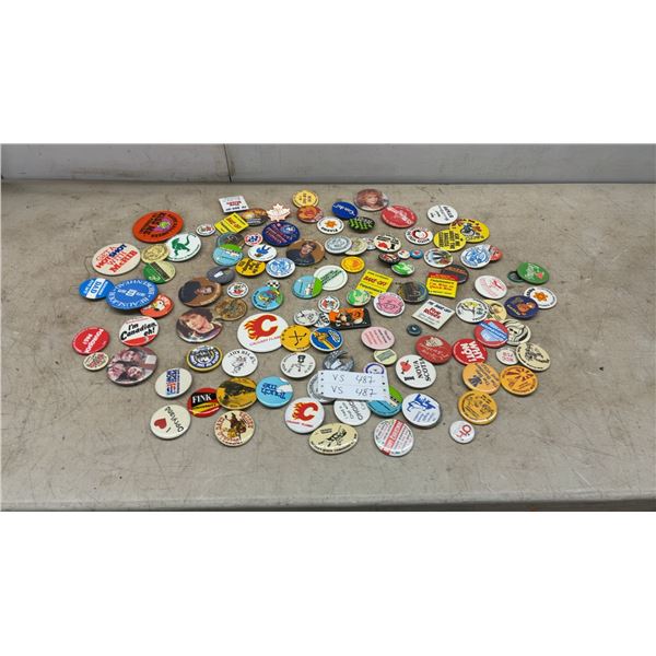 Large Assortment of Vintage and Modern Pin-Back Buttons and Badges, Various Designs and Eras