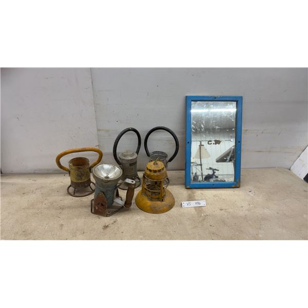 Antique Carbide Miner's Lamps, Safety Lamp, Blue Framed Mirror
