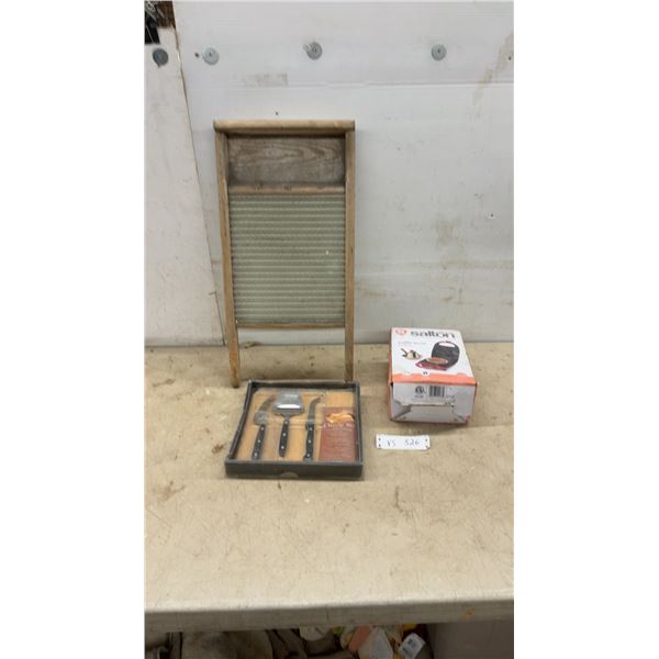 Vintage Wash Board, Cuisine 4-Piece Cheese Set, and Salton Waffle Bowl Maker
