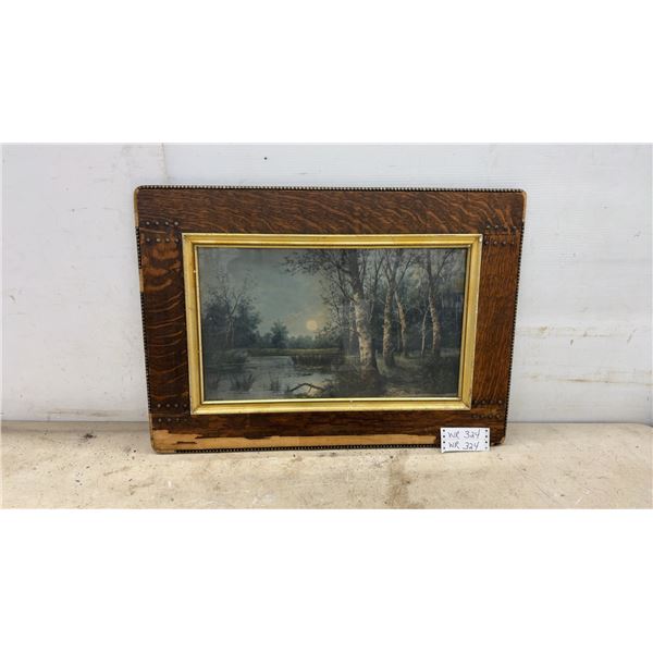 Vintage Oak Framed Moonlit Landscape Print with Gilt Inner Frame and Stud Accents, 22 × 30”