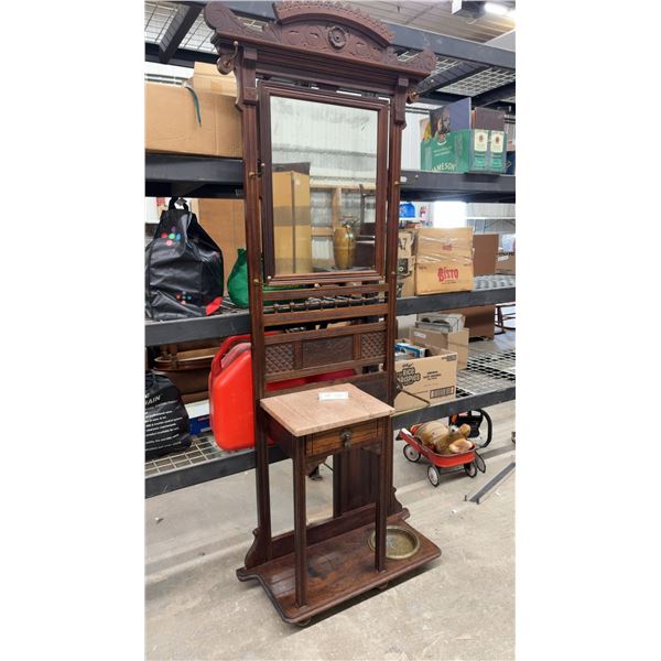 Victorian Carved Walnut Hall Tree with Mirror, Marble-Top Drawer, Brass Hooks and Umbrella Pan