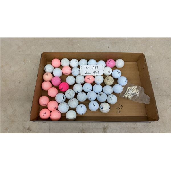 48 Assorted Used Golf Balls, Top Flite, Titleist, Callaway, Wilson and More with Golf Tees