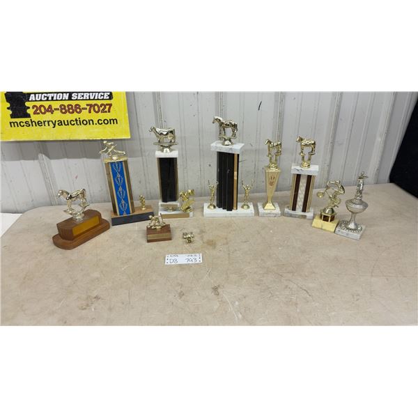 Assorted Vintage Trophies with Equestrian, Cycling, and Motocross Motifs, 9 Pieces