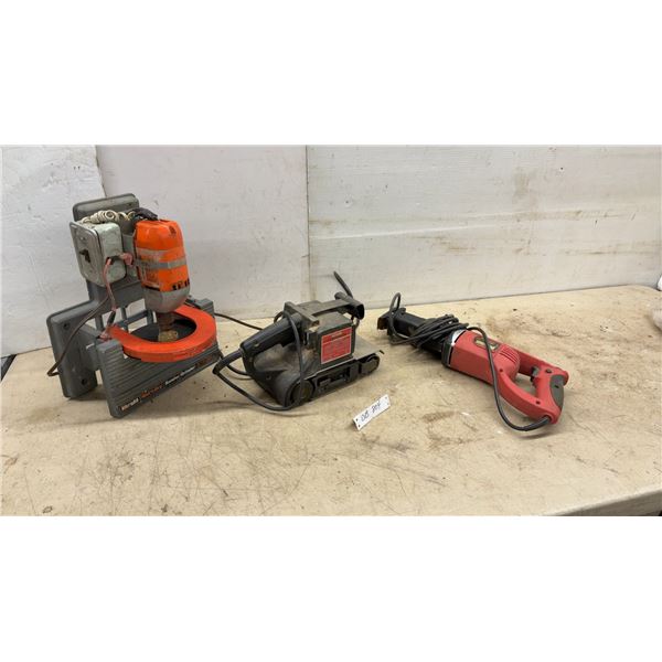 King Canada Variable Speed Recip Saw, Sears Craftsman 3 × 21” Belt Sander and Drill with stand