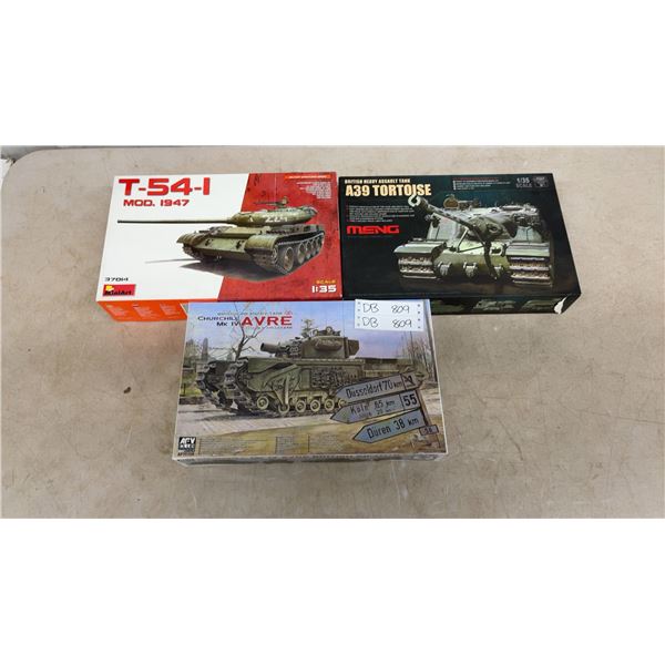 MiniArt T-54-1, Meng A39 Tortoise, and AFV Club Churchill Mk IV AVRE 1:35 Tank Model Kits