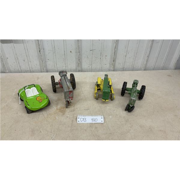 Vintage Toy Lot: Tonka Dune Buggy, Red Tractor, John Deere Crawler and Green Tractor