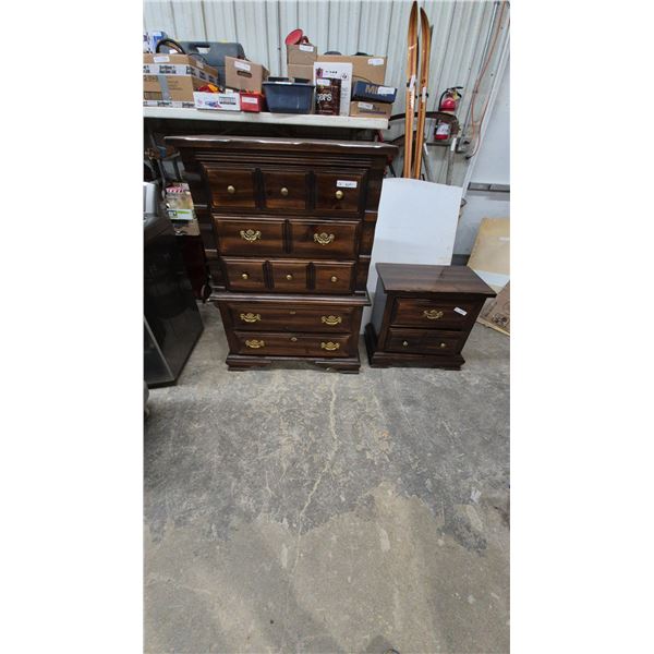 Traditional Dark Wood 5-Drawer Chest of Drawers 54”×38”×19” and 2-Drawer Nightstand With Brass