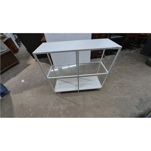 White Three-Tier Console Table With Metal Frame and Glass Middle Shelf. 37”×39”×14”