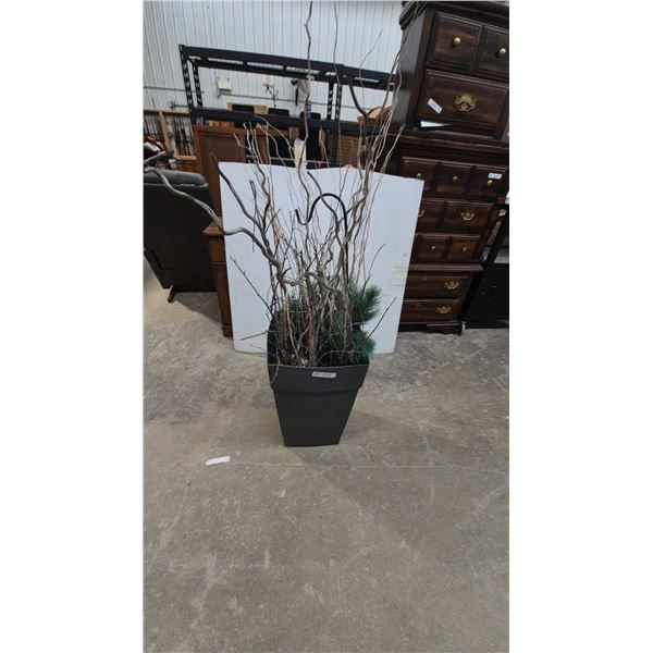 Dark Gray Tapered Square Planter with Artificial Dried Branch and Pine Arrangement