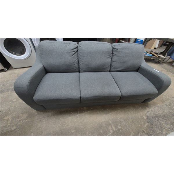 Modern Three-Seater Sofa with Speckled Gray Fabric Upholstery and Curved Armrests. 80”"