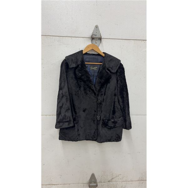 Vintage R. Santa Furs Winnipeg Black Fur Jacket with Blue Patterned Satin Lining - Size Medium
