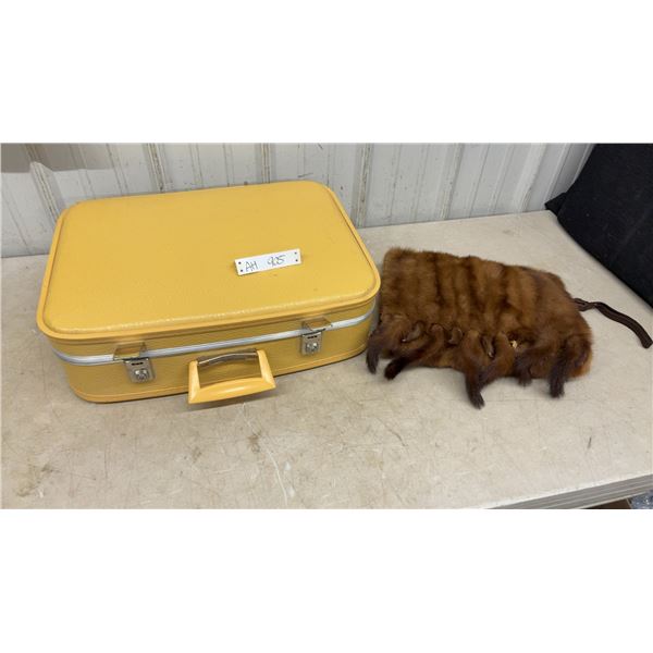 Vintage Yellow Hard-Shell Suitcase and Brown Mink Fur Hand Muff