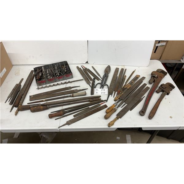 Assorted Files, Drills, and Wrenches: Incl. Pipe Wrenches, Drill Bit Set