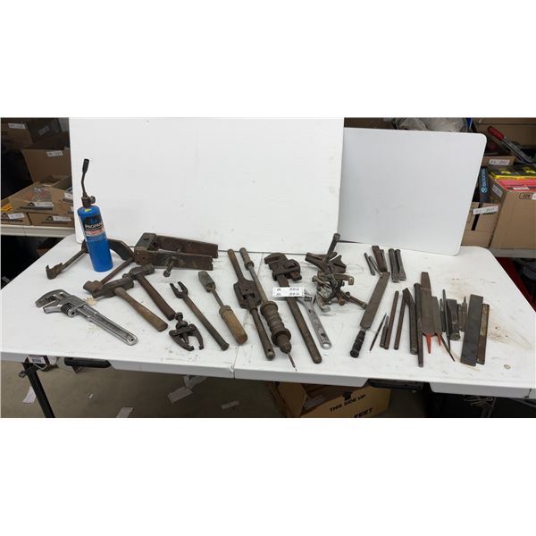 Assorted Hand Tools: Pipe Wrenches, Adjustable Wrench, Files, Chisels