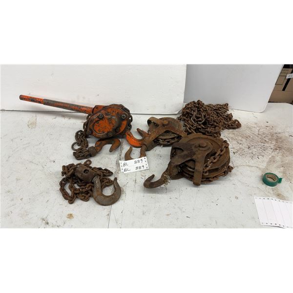 Vintage Lever Hoist, Block and Tackle Pulleys, and Chain with Hook