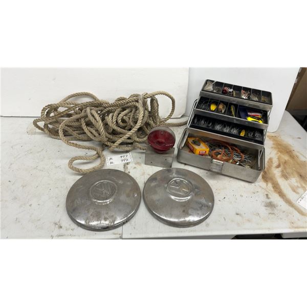 Vintage VW Hubcaps, Fishing Tackle Box with Lures and Weights, Rope, and Red Light