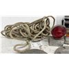 Image 3 : Vintage VW Hubcaps, Fishing Tackle Box with Lures and Weights, Rope, and Red Light