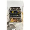 Image 4 : Vintage VW Hubcaps, Fishing Tackle Box with Lures and Weights, Rope, and Red Light