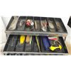 Image 6 : Vintage VW Hubcaps, Fishing Tackle Box with Lures and Weights, Rope, and Red Light
