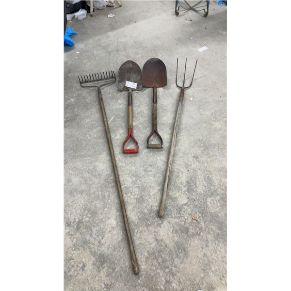 Garden Tools: Rake, 2 Shovels, and Pitchfork