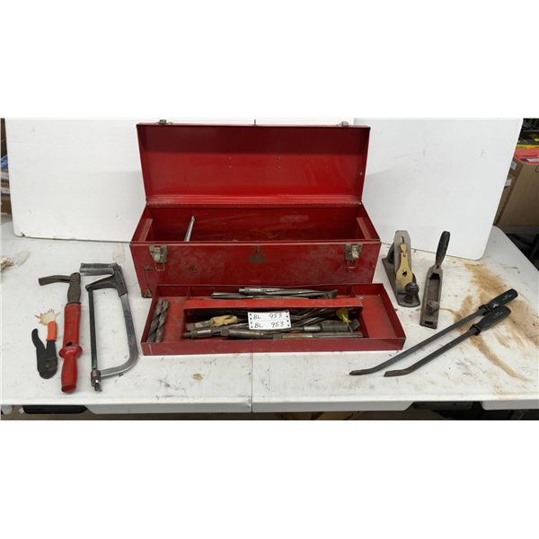 Red Metal Tool Box with Wrenches, Pliers, Screwdrivers, Saw, Plane