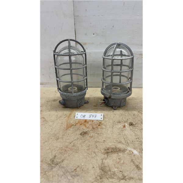 Pair of Vintage Industrial Explosion-Proof Cast Metal Cage Lights with Clear Glass Globes