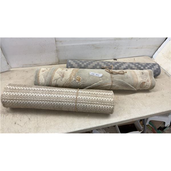 Three Rugs: Grey Geometric, 36 × 47” Floral Oval, 36 × 60” and Beige Striped Runner, 30 1/3 × 92”