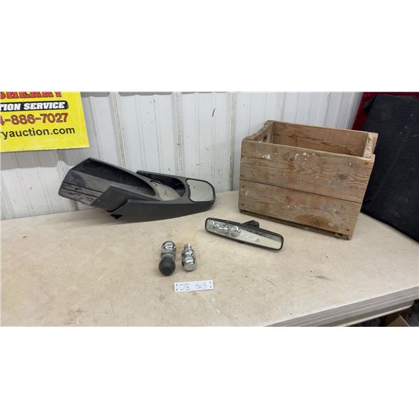 Wooden crate with Tow Mirrors, Rear View Mirror, and Ball Hitches