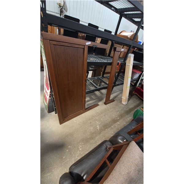 Dark Brown Wooden Headboard Panel with Matching Support Legs and Bundle of Natural Wood Bed Slats
