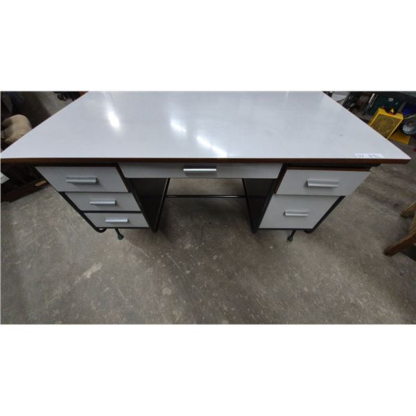 Mid-Century Metal Office Desk with Laminate Top and Five Drawers 30”×54”×30” tanker executive