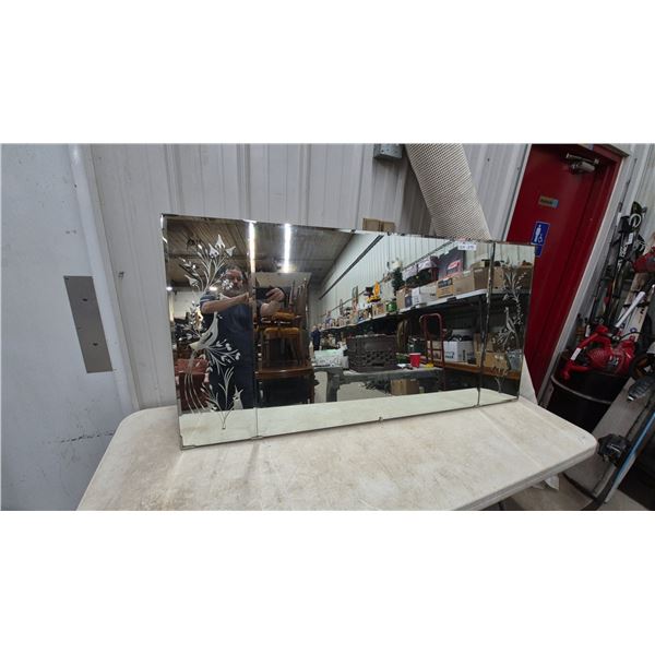 Vintage Three-Panel Beveled Tri-Fold Mirror With Etched Bird and Floral Design. 30”×60”