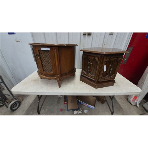 Vintage Wooden End Tables: Demilune Lattice-Door Cabinet 22” High. 24” diameter and Octagonal