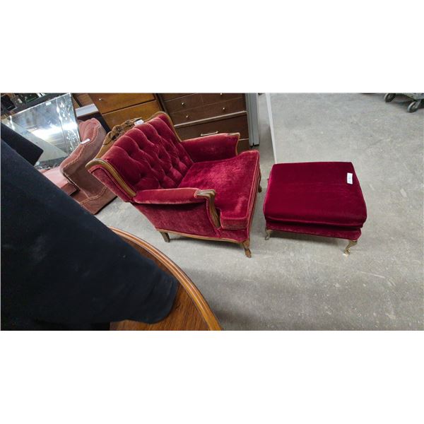 Vintage Victorian-Style Tufted Red Velvet Armchair With Carved Wood Frame and Ottoman