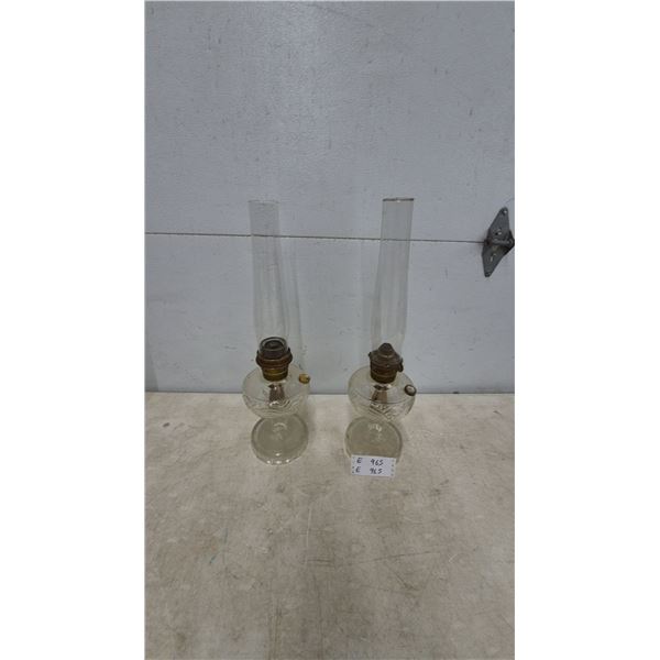 Pair of Antique Clear Pressed Glass Kerosene Aladdin Table Lamps With Brass Burners and Glass
