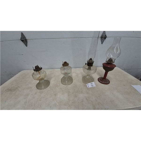 Antique Kerosene Oil Lamps, Clear Glass and Red Painted Metal with Brass, Set of 4