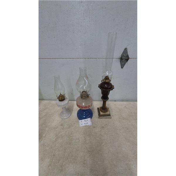 Set of 3 Antique Kerosene Lamps: Milk Glass, Blue Glass With P and A Burner
