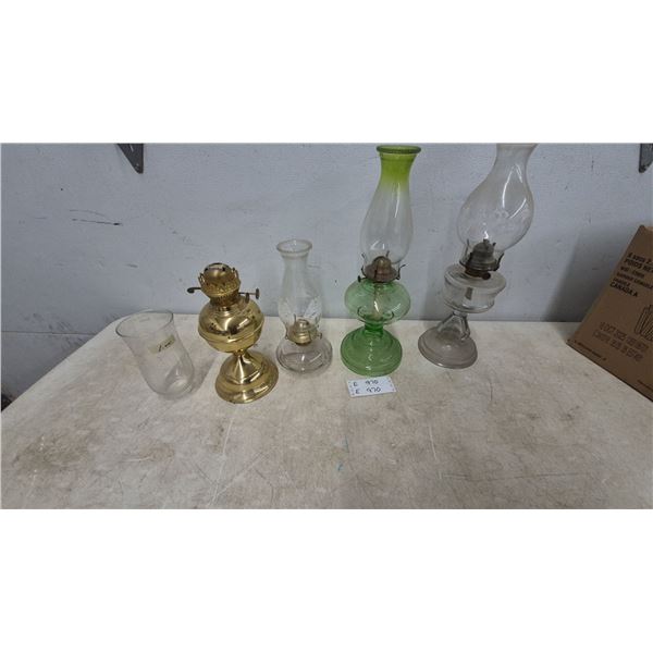 4 Vintage Kerosene Oil Lamps Including Brass Lamp, Green depression Glass Lamp, Etched Chimney