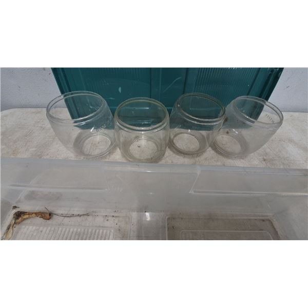 11 Vintage "Made in Canada" Glass Jars and Clear Plastic Storage Bin with Green Lid