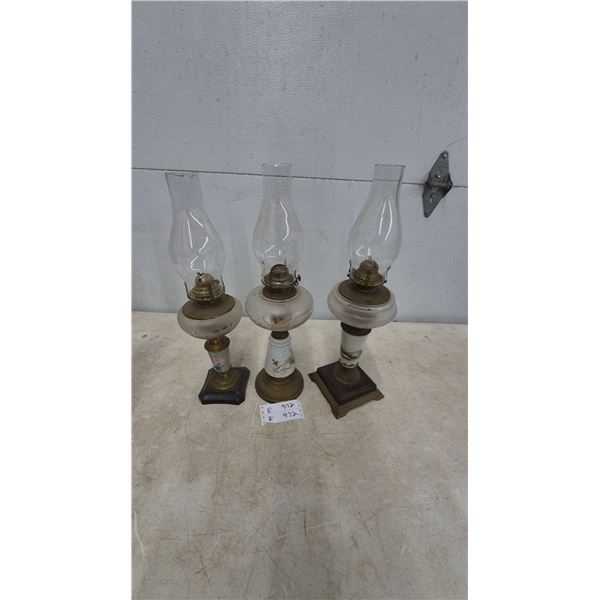 Lot of 3 Vintage Decorative Oil Lamps with Glass Chimneys, Brass Burners, and Painted Ceramic Bases