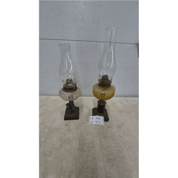Pair of Antique Oil Lamps: Frosted Glass Font with Cherub Base and Amber Glass Font