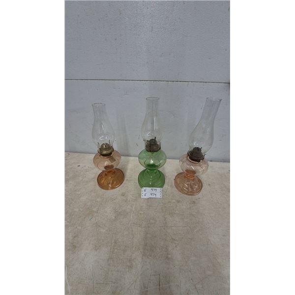 Depression-Era Glass Oil Lamps, Two Pink and One Green with Clear Chimneys, Set of Three