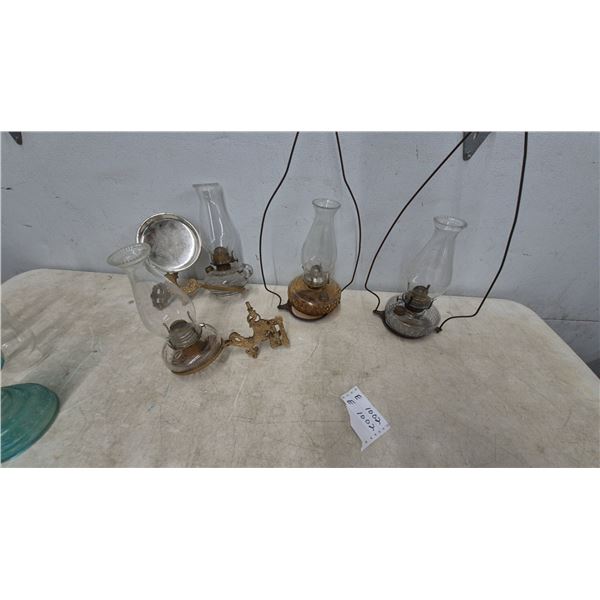 Vintage Oil Lamps With Clear and Amber Glass Founts, Wire Bail Hangers, and Brass Sconces. Set of 4