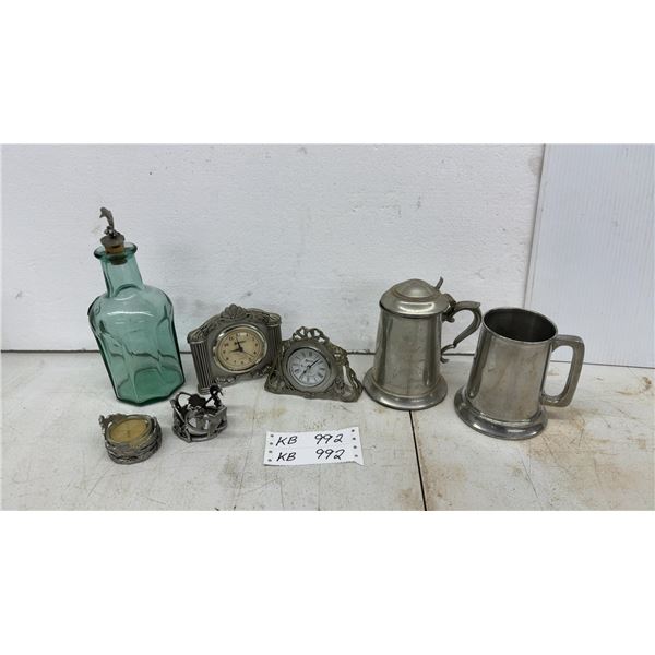 Pewter Steins, Clocks, Candle Holders and Green Glass Bottle Made in Canada