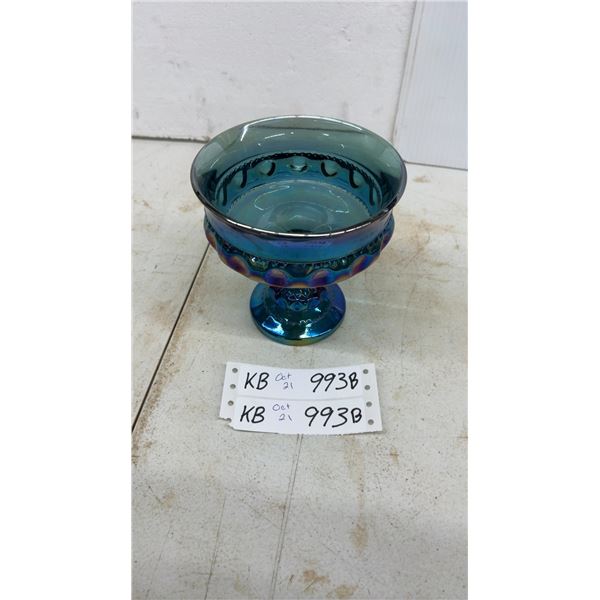 Iridescent Blue Carnival Glass Pedestal Bowl