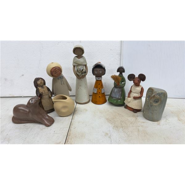 Collection of Ceramic Figurines: Woman with Cat, Mouse, Owl, Woman with Broom