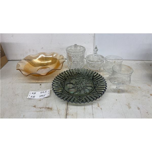 Carnival Glass Bowl, Carnival Glass Green Plate, Crystal Candy Bowl, Crystal Jar with Lid and 2